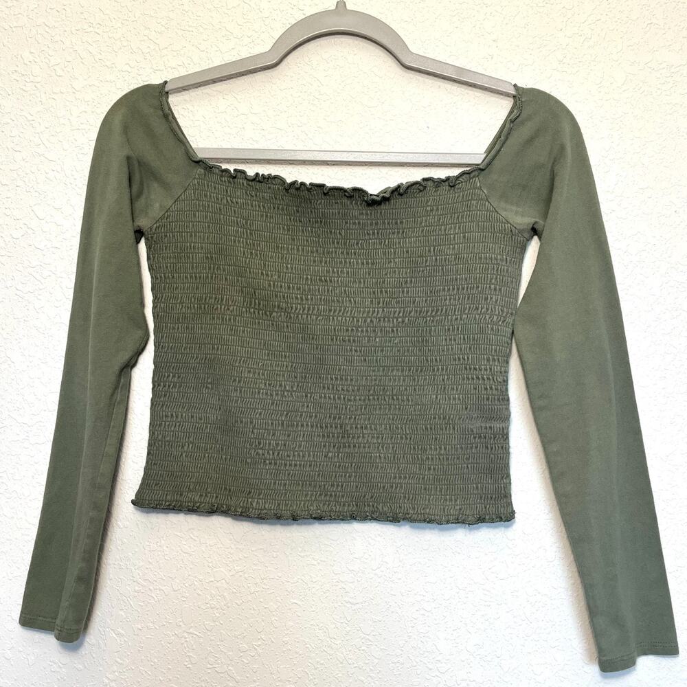 Hollister Green Smocked Ruffle Long Sleeve Top Large Y2K Forest Fairy Earthy